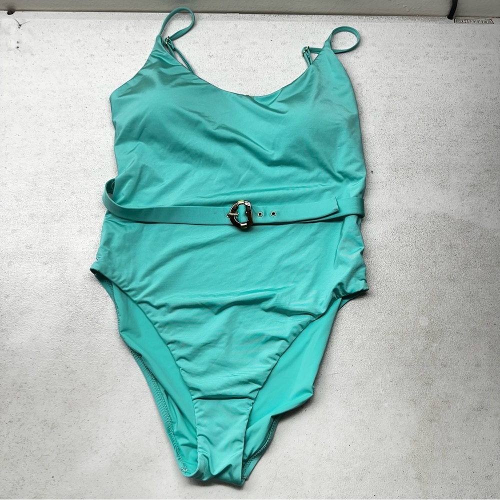 NEW Sunshine 79 Turquoise One-Piece Swimsuit with Belt, Size 14